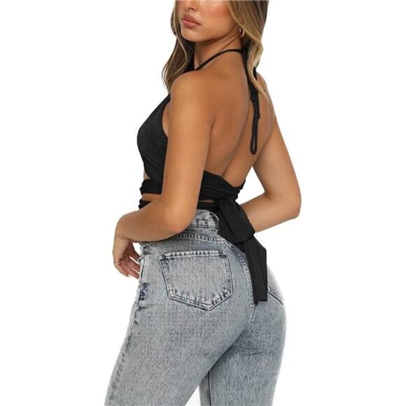 Black Multi Way Wrap Halter Crop Top Backless Sexy‎ Cutout Bandage Y2K Top - Picture 5 of 5